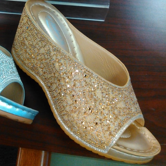 Selling Fast! Italina Gold Rhinestone Embellished Wedding Shoe or Dressy Wedge - Picture 3 of 11